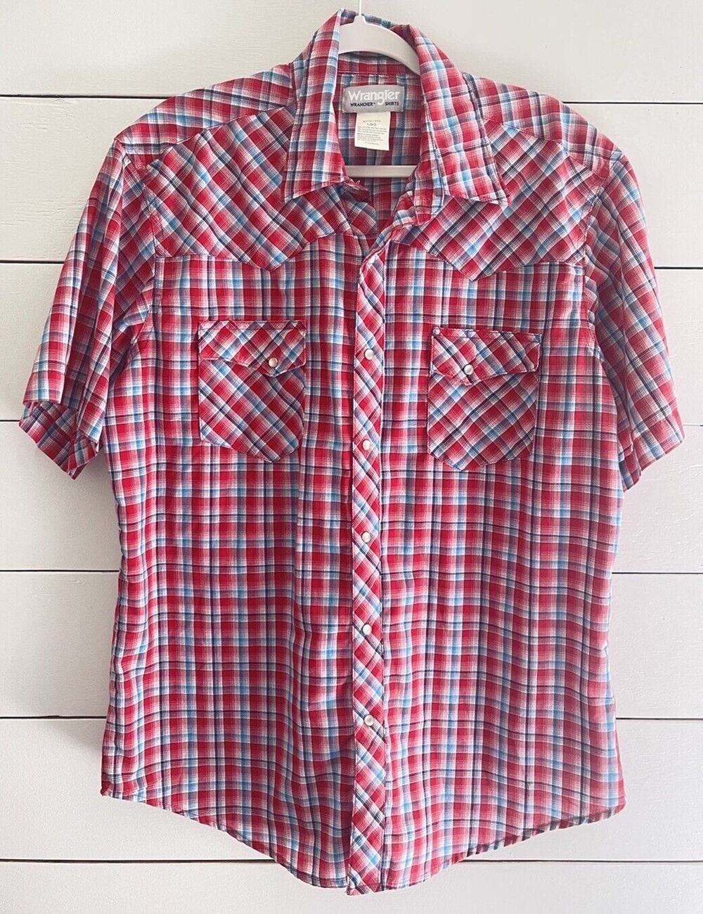 VTG Wrangler Women’s Red White Plaid Pearl Snap Short Sleeve Western Shirt Large